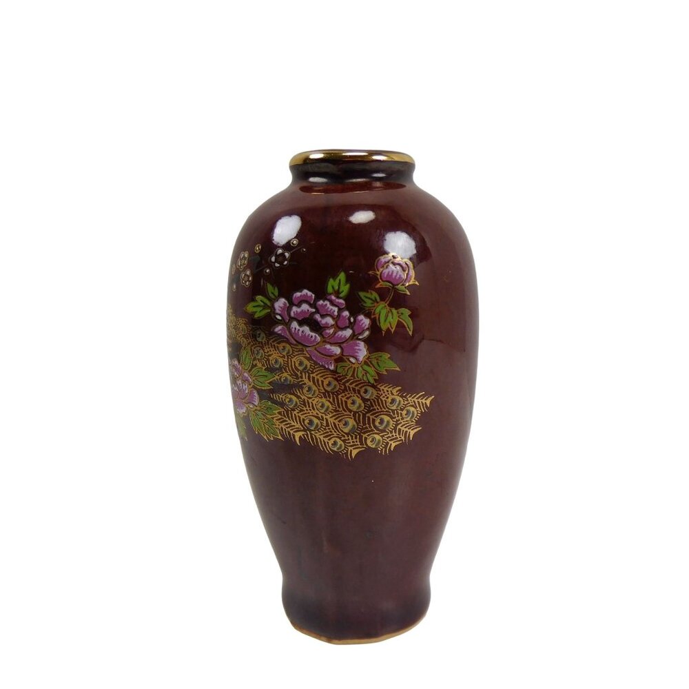 Vintage Japanese Style Pheasant 4.5" Mini Vase Brown,Gold Trim - Picture 3 of 6